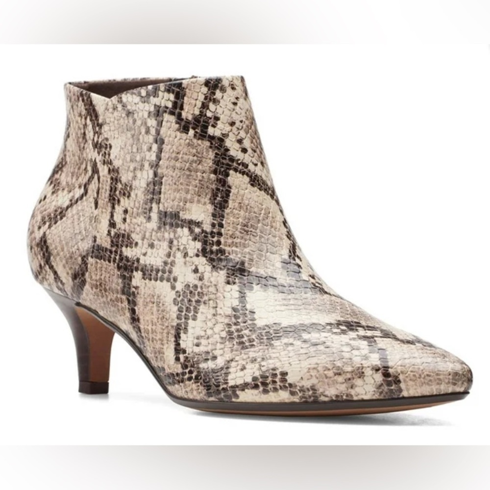 Clarks Snake-Embossed Ankle Booties in Beige and Brown